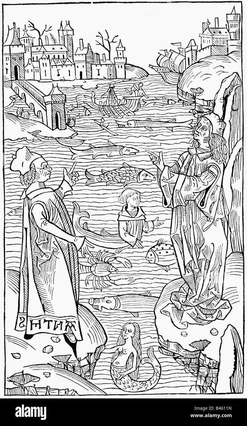 Superstition, créatures mythiques, sortes de créatures marines et de monstres, boisés, 'Hortus sanitatis', imprimé par Jakob Meydenbach, Mayence, 1491, , Banque D'Images