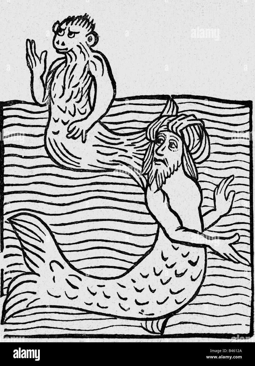 Superstition, créatures mythiques, singe-mer et turk-mer, coupe de bois, 'Hortus sanitatis', imprimé par Jakob Meydenbach, Mayence, 1491, , Banque D'Images