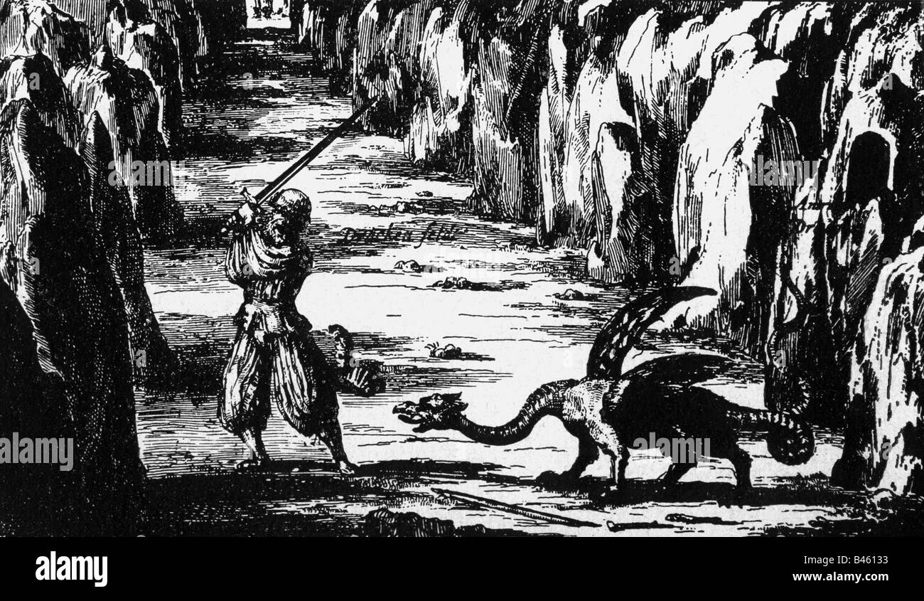 Superstition, créatures mythiques, lindworm, Heinrich von Winkelried et le lindworm, gravure en cuivre, 'mundus subterraneus' par Athanasius Kircher, Amsterdam, 1678, , Banque D'Images