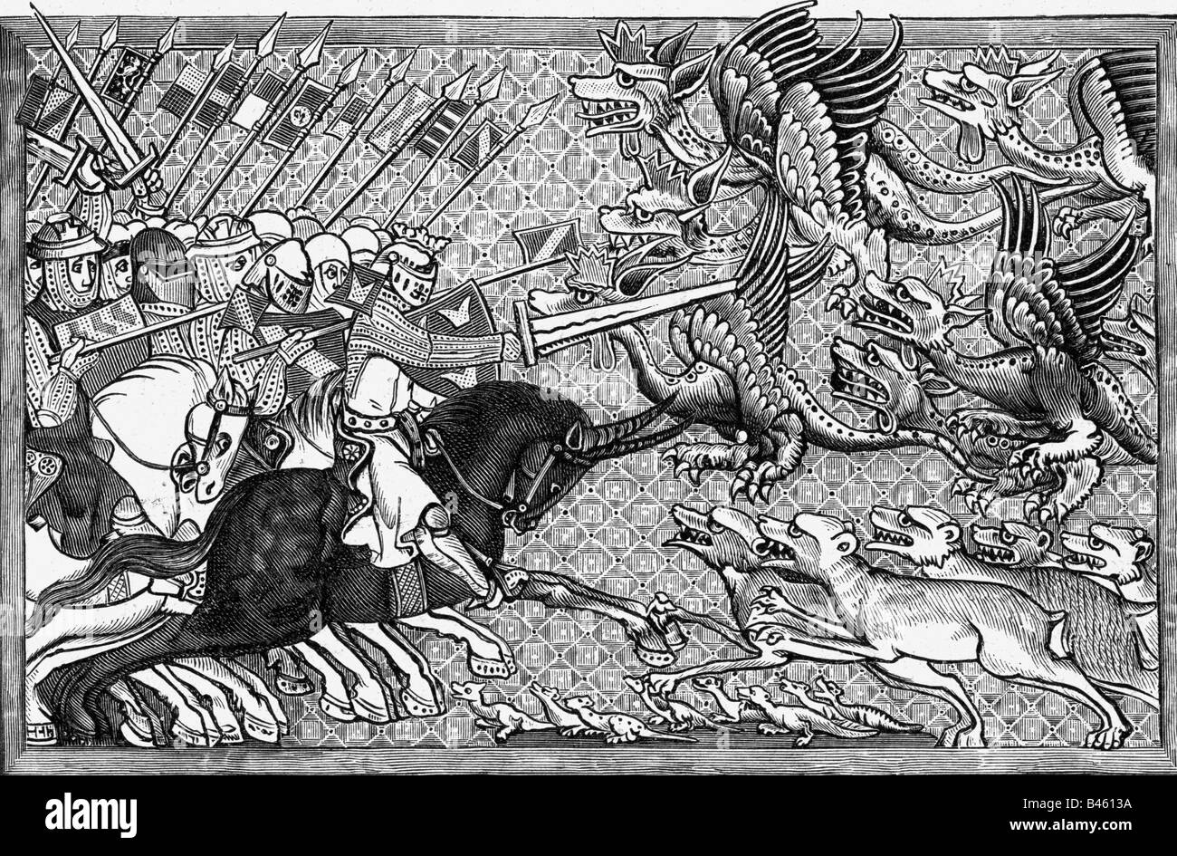 Superstition, créatures mythiques, dragons, dragons, dragons de combat Alexandre 'le Grand', bois, gravure en cuivre après miniature, 'Alexander Romance', Bourgogne, 13ème siècle, , Banque D'Images