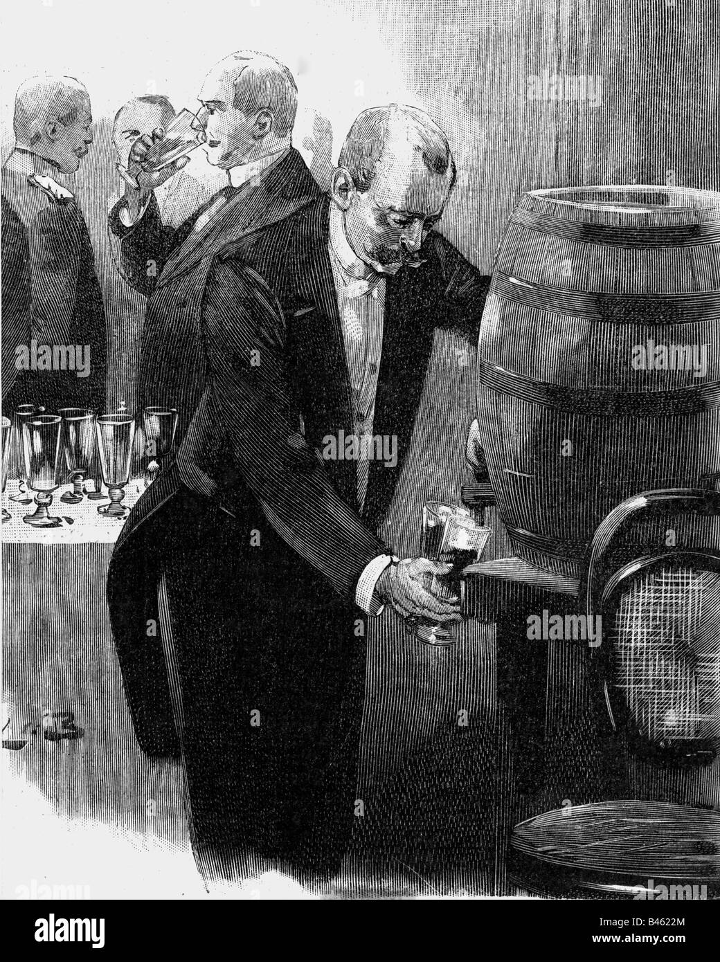 Alcool, bière, bar à la soirée parlementaire du chancelier Chlodwig von Hohenlohe-Schilingfuerst, gravure sur bois, Berlin, 1896, Banque D'Images