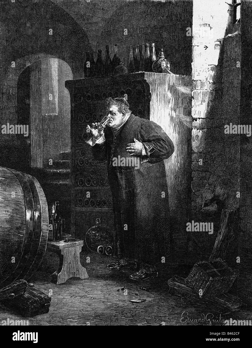 Alcool, vin, dégustation de vin, 'léger mais très fin', gravure de bois après peinture par Eduard Gruetzner, XIXe siècle, Banque D'Images