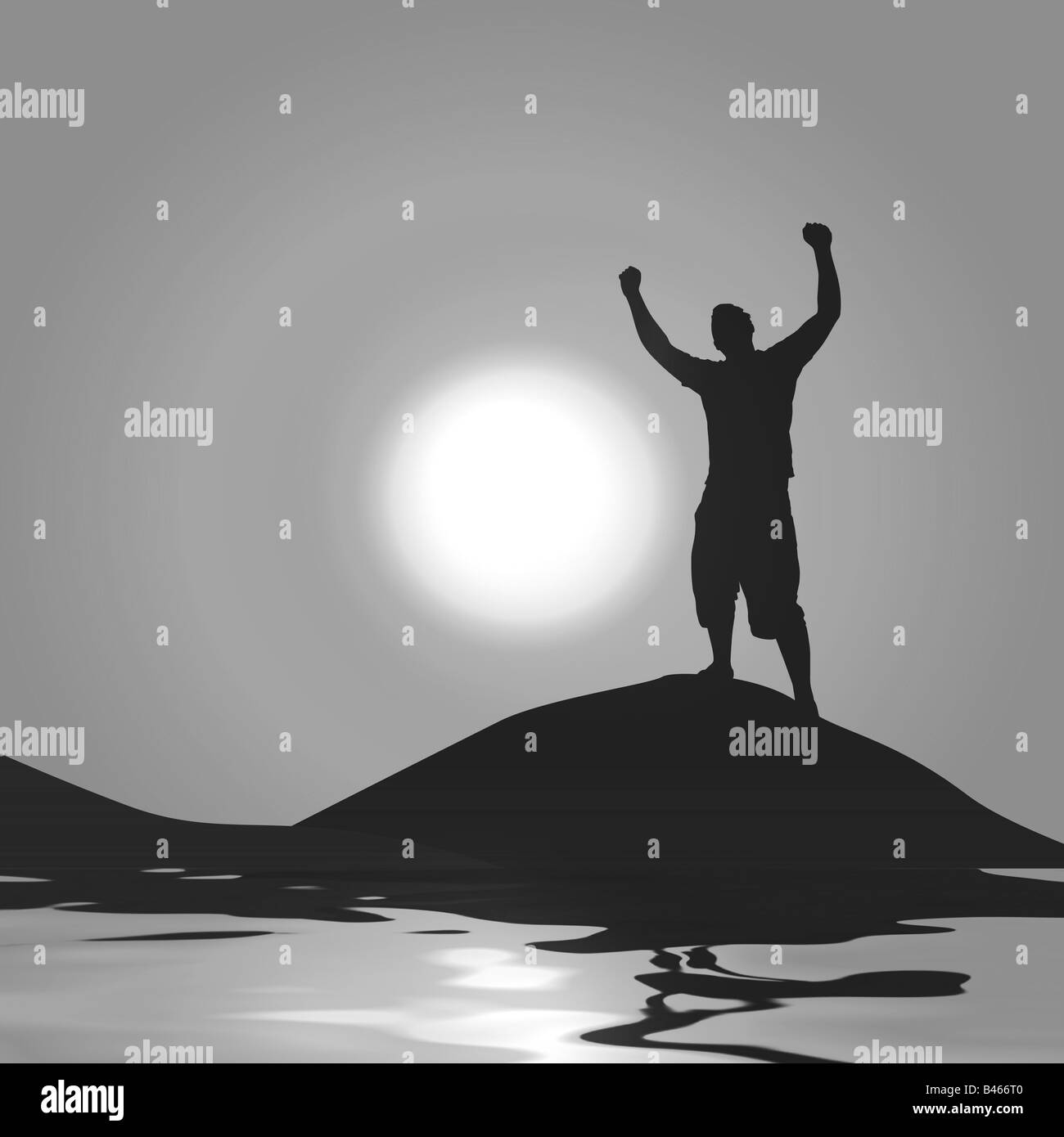 La silhouette d'un homme avec ses bras levés en l'air devant la lune Banque D'Images