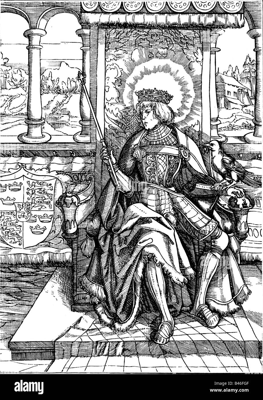Oswald de Northumbrie, King, saint, vers 604 - 5.8.642, pleine longueur, gravure sur cuivre, par Leonhard Beck (vers 1480 - 1542), l'Allemagne, première moitié du xvie siècle, l'artiste n'a pas d'auteur pour être effacé Banque D'Images
