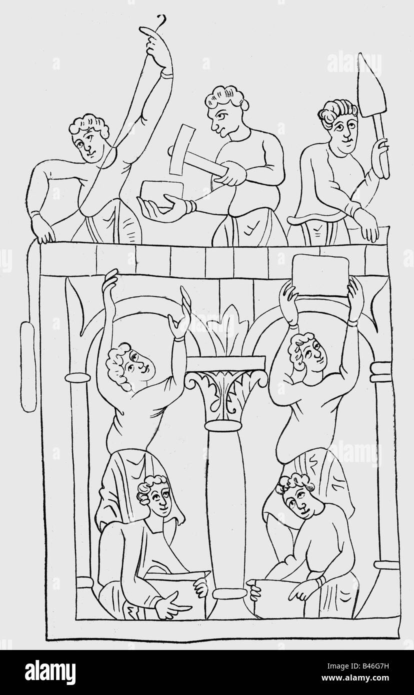 Architecture, travaux de construction, maçons, dessin après miniature, bible du XIe siècle, France, site, plombier, travailleurs, maçon, personnes, professions, âge moyen, Allemagne, historique, médiéval, Banque D'Images