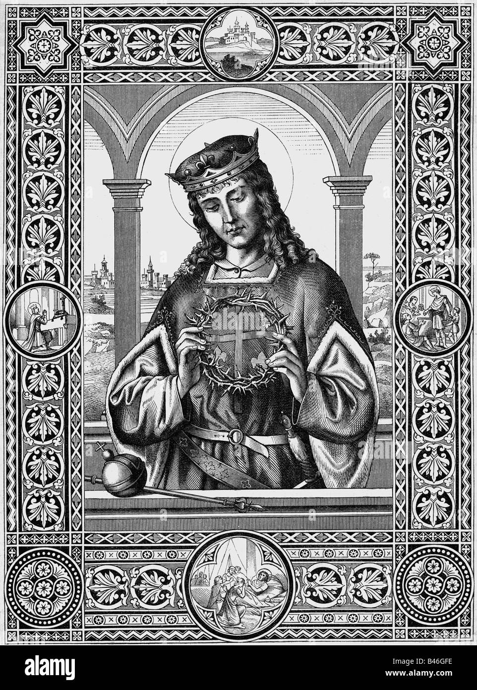 Louis IX 'le Saint', 25.4.1214 - 25.8.1270, roi de France 8.11.1226 - 25.8.1270, avec couronne de épines, demi-longueur, gravure sur bois, Regensburg, 1888, , Banque D'Images