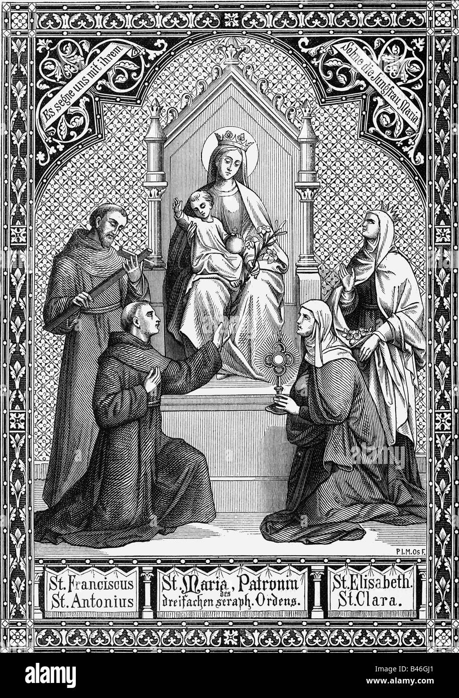 Marie, mère de Jésus, comme patron de l'ordre franciscain, gravure sur bois, Regensburg, 1888, Banque D'Images