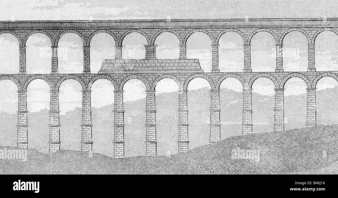 Ancien monde, Empire romain, architecture, Aequeduct de Segovia, construit fin du premier siècle après Jésus-Christ, reconstruction, gravure en acier, XIXe siècle, Romains, antiquité, province Hispania Tarraconensis, Espagne, approvisionnement en eau, pipe, historique, ancien monde, Banque D'Images
