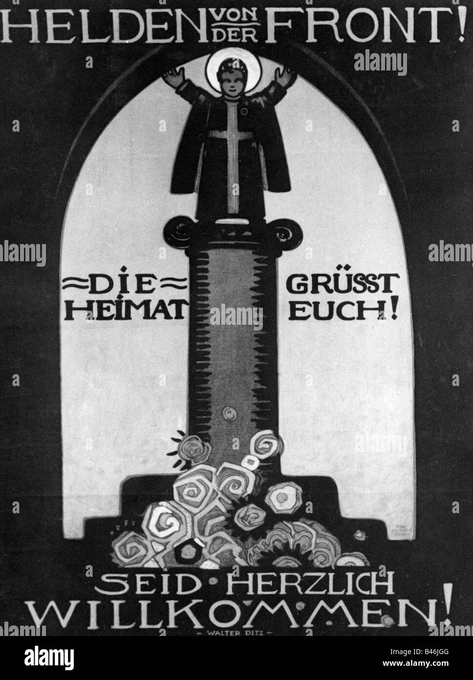 Événements, première Guerre mondiale / première Guerre mondiale, retour des troupes allemandes, carte postale 'Helden von der Front! Seid Herzlich Willkommen!' (Bienvenue! Héros du Front!), par Walter Ditz, Allemagne, 1918, Banque D'Images