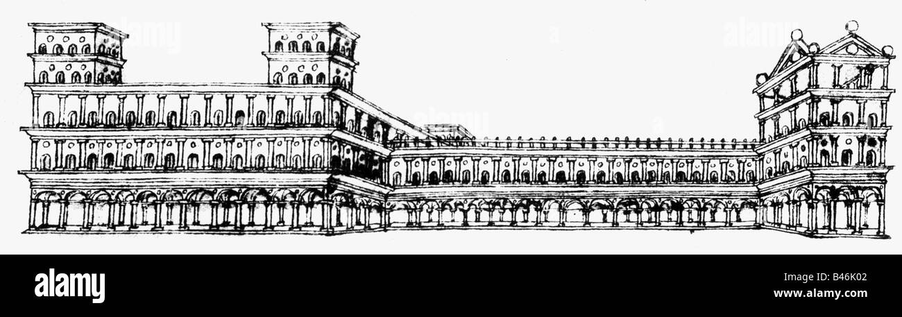 Architecture, dessins, ville idéale Sforzinda, palais, gravure en cuivre, 'Trattato d' architecturetura' par Filarete (Antonio di Pietro Avelino), 1460/1464, , Banque D'Images