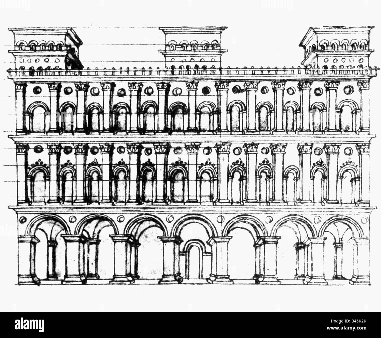 Architecture, dessins, ville idéale Sforzinda, maison, gravure en cuivre, 'Trattato d' architecturetura' par Filarete (Antonio di Pietro Avelino), 1460/1464, , Banque D'Images