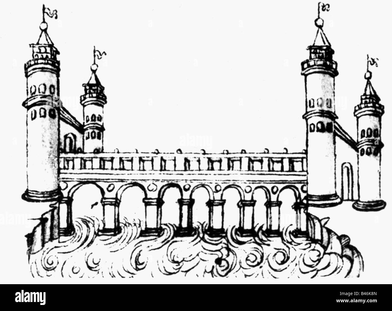 Architecture, dessins, ville idéale Sforzinda, pont, gravure en cuivre, 'Trattato d' architecturetura' par Filarete (Antonio di Pietro Avelino), 1460/1464, , Banque D'Images