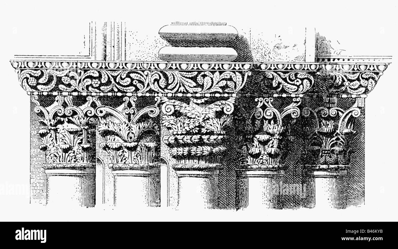 Architecture, détail, colonnes, capitales, Église du Saint-Sépulcre, Jérusalem, gravure en bois, XIXe siècle, capitale, église, âges moyens, colonne, historique, historique, médiéval, Banque D'Images