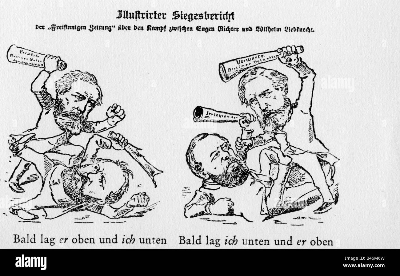 Liebknecht, Wilhelm, 29.3.1826 - 7.8.1900, politicien allemand (SPD), caricature, 'Illistrad Victory Report', dispute avec Eugen Richter, 'er Wahre Jakob', , Banque D'Images