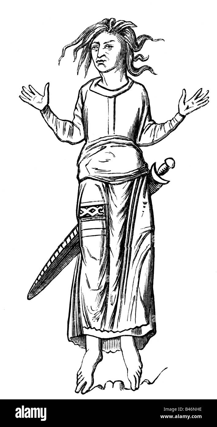 Mode, âge moyen, Empire Frankish, Frank, illustration de H. de Vielcastel après la miniature du VIIIe siècle, gravure en bois, XIXe siècle, francs, germanique, vêtements, historique, livre-peinture, peinture de livre, manuscrit éclairé, médiéval, peuple, Banque D'Images