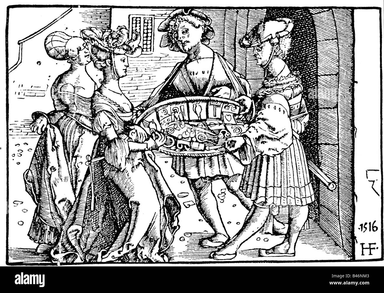 Mode, commerce, vendeur avec plateau, bois coupé par Hans Folz, 1516, Banque D'Images