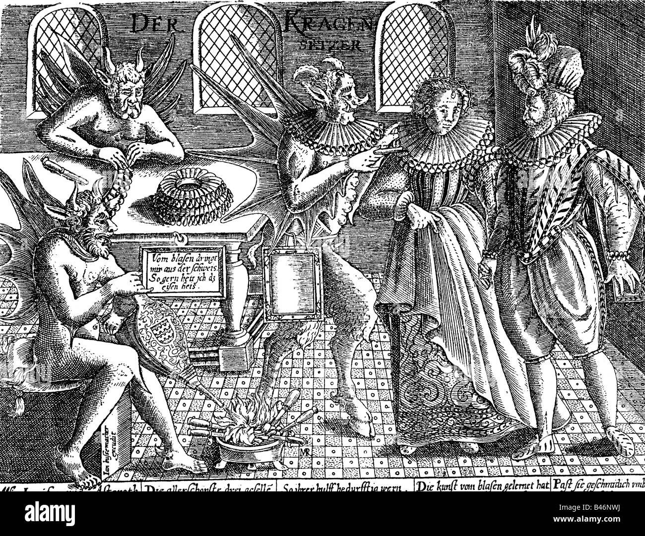 Mode, XVIe siècle, Allemagne, col espagnol, caricature, 'The Collar Setter', gravure en cuivre de Matthias Quad de Kinkelbach, 1583, , Banque D'Images