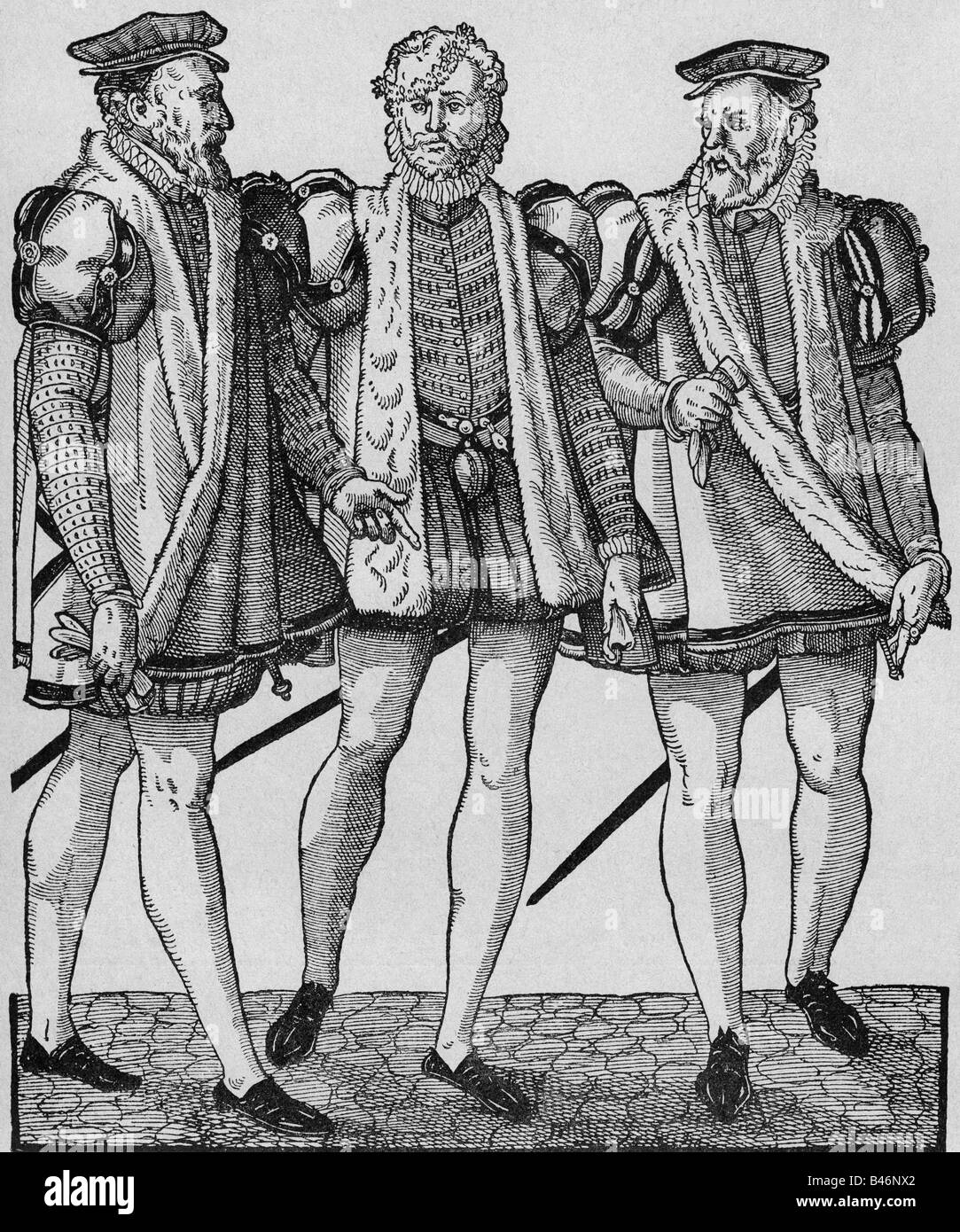 Mode, XVIe siècle, Allemagne, patriciens de Nuremberg, boisés par Jost Amman, "Livre des costumes" par Hans Weigel, Nuremberg, 1577, , Banque D'Images