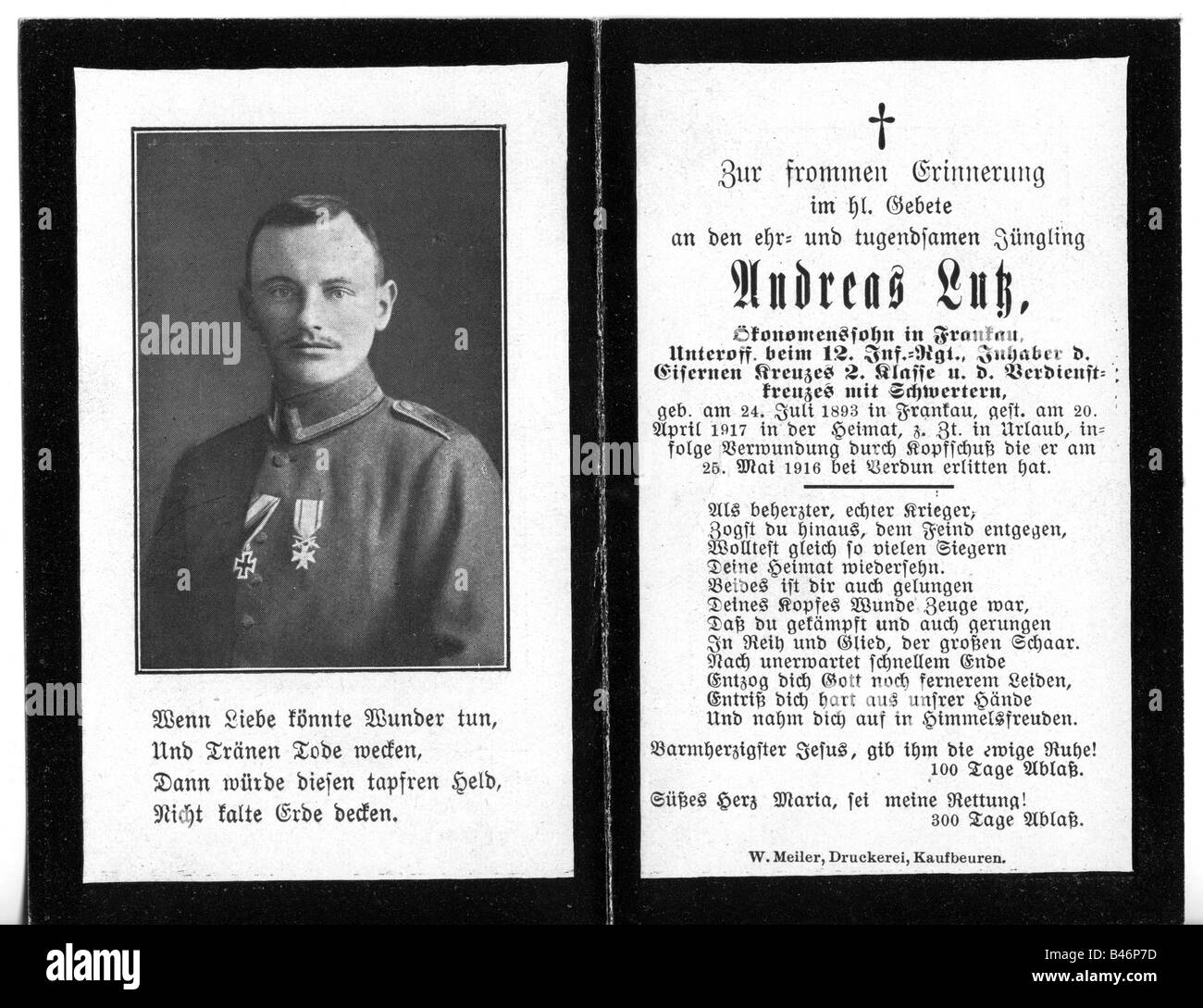 Événements, première Guerre mondiale / première Guerre mondiale, Allemagne, carte commémorative d'Andreas Lutz (1893 - 1917), Kaufbeuren, Allemagne, 1917, Banque D'Images