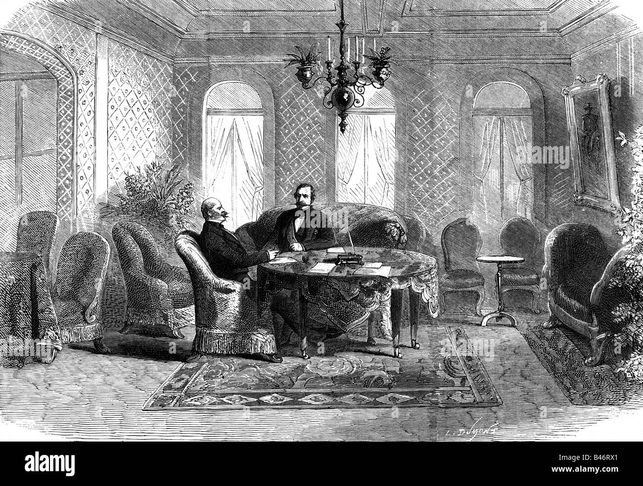 Napoléon III, 20.4.1808 - 9.1.1873, Empereur des Français 2.12.1852 - 2.9.1870, au Congrès de Baden-Baden, 16.6.1860 - 18.6.1860, rencontre avec le prince Régent William de Prusse, gravure sur bois, 'nie Glocke', 14.7.1860, Banque D'Images