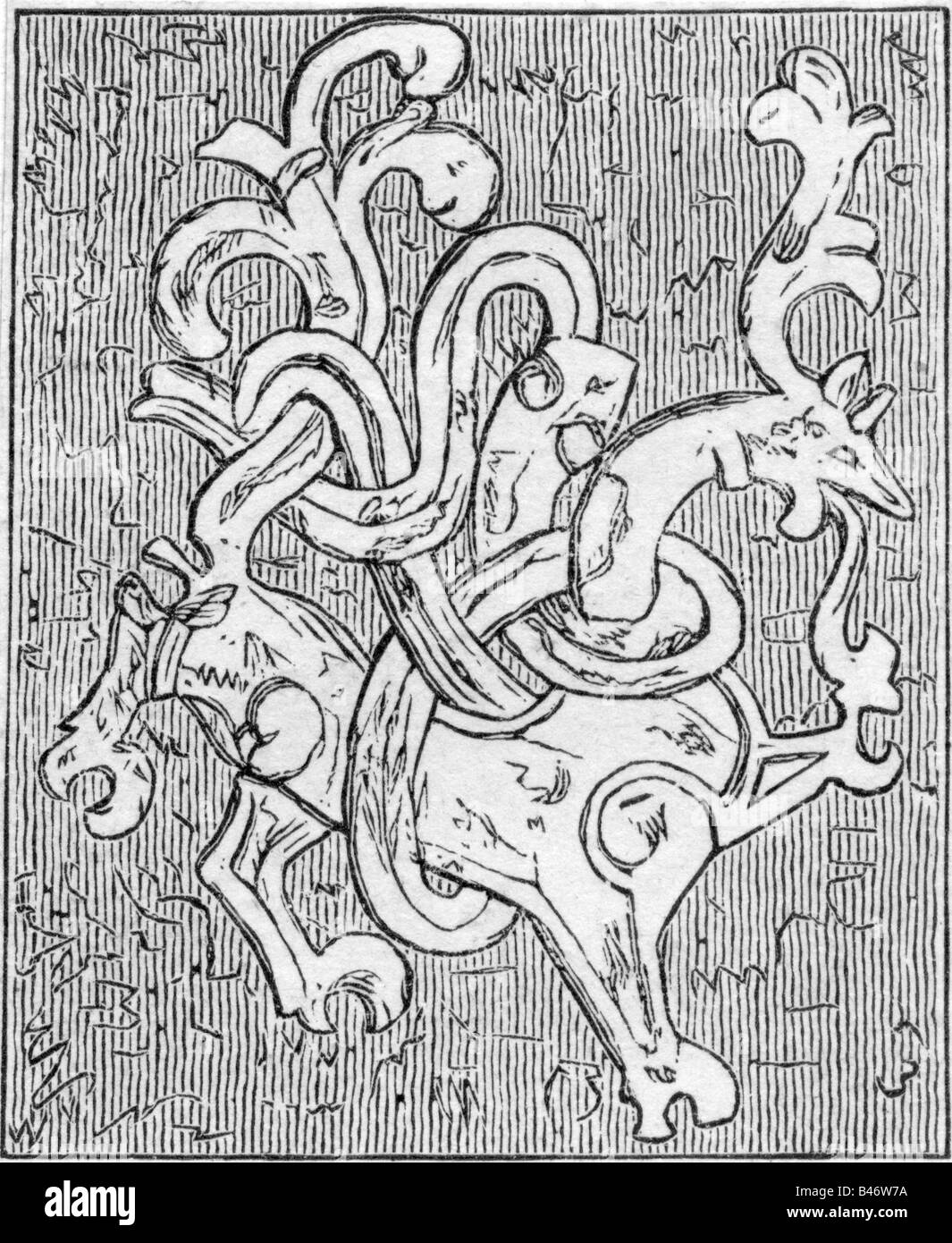 Superstition, créatures mythiques, dragons, relief, pierre tombale de Gorm 'The Old' (pré 900 - passé 935), Jelling, Danemark, gravure en bois, XIXe siècle, , Banque D'Images