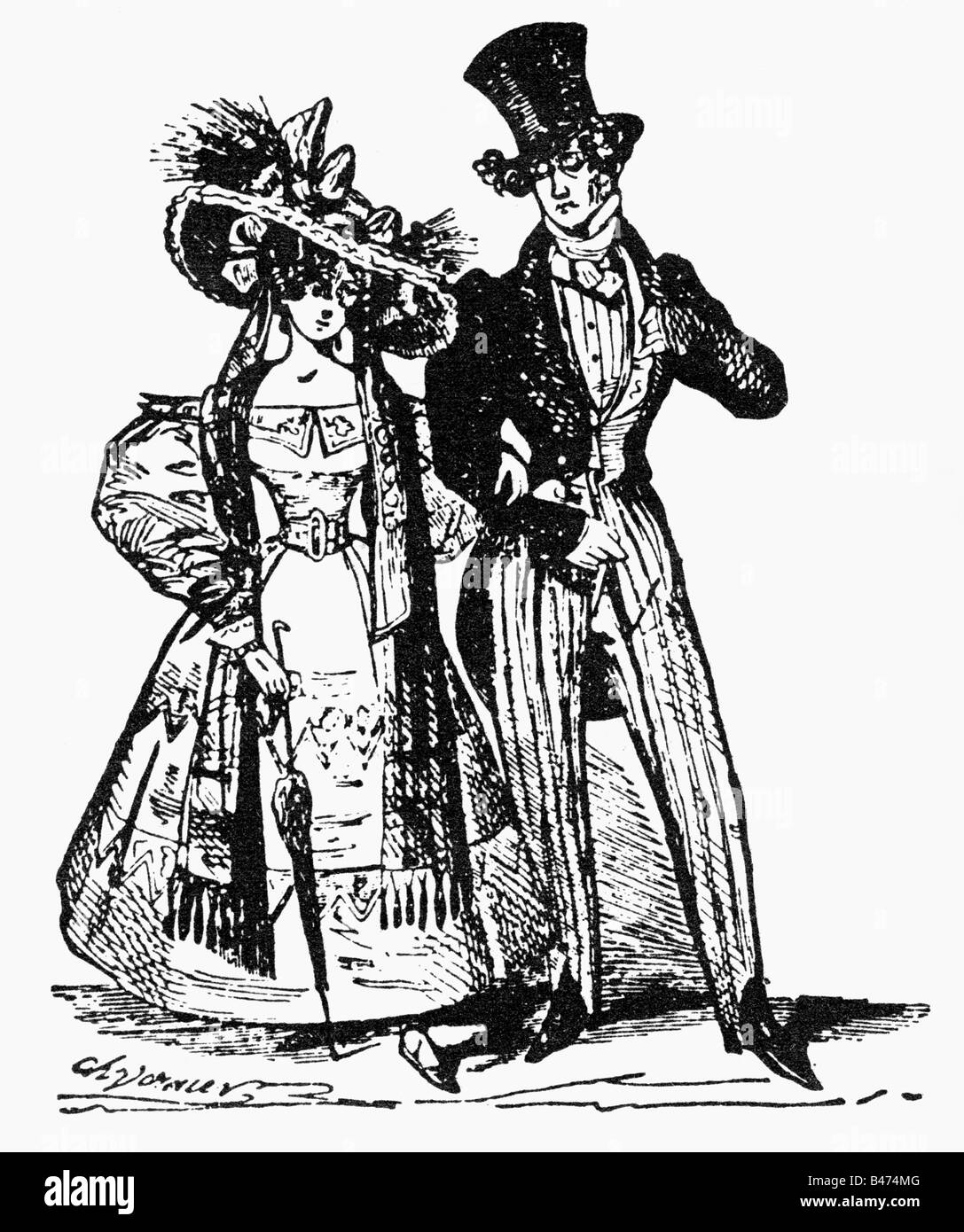 Mode, XIXe siècle, mode pour femmes et hommes, Allemagne, dessin, Leipzig, 1846, Banque D'Images