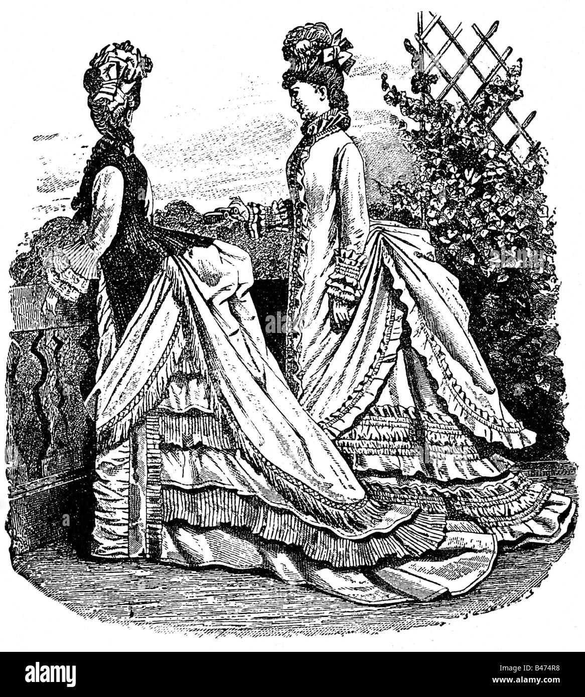 Mode, XIXe siècle, mode pour femmes, Allemagne, robes de rue avec bsutle, 1874, gravure en bois, vers 1900, vêtements, robe, gens, femmes, historique, 1900, Banque D'Images
