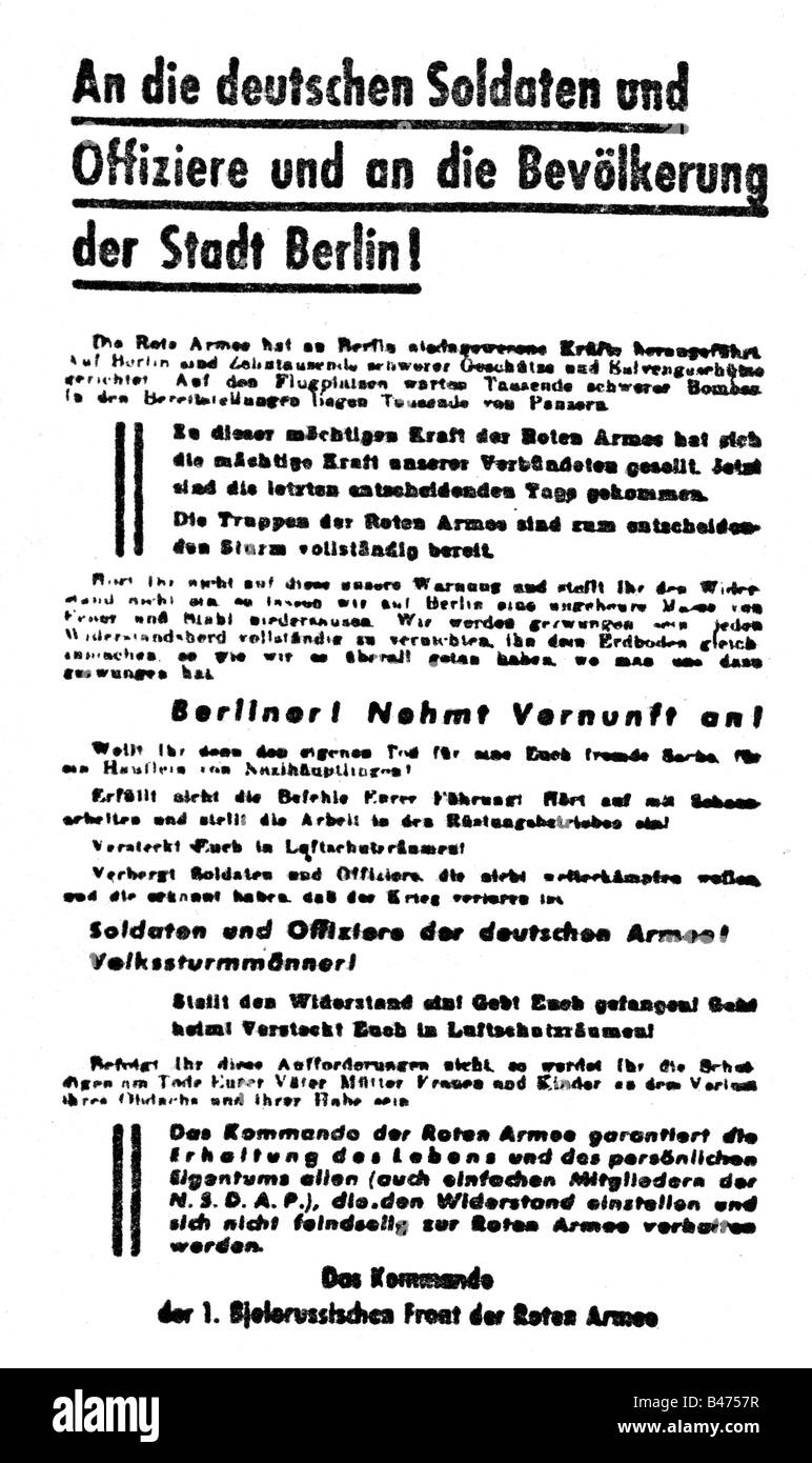 Événements, seconde Guerre mondiale / seconde Guerre mondiale, Allemagne, Bataille de Berlin, appel du commandement du premier Front bélarussien aux soldats allemands et aux citoyens de Berlin, demande de rétrocession, fin avril / début mai 1945, Banque D'Images