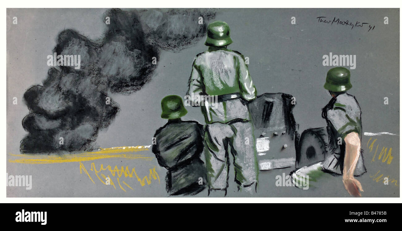 Theo Matejko- 'Panzerabwehr im Osten', (défense antichar à l'est). Dessin couleur pastel sur papier teinté gris. Trois soldats observent un tir de leur pistolet anti-char. Signé et daté '(19)41' en haut à droite. Non encadré : 70 x 35 cm. Matejko (mort en 1946) a travaillé principalement comme illustrateur de journaux et a fait un nom avec des affiches. Historique, historique, peuple, années 1930, XXe siècle, infanterie, militaire, forces armées, militaria, objet, objets, alambics, coupures, coupures, affiches, affiches, illustratio, Banque D'Images