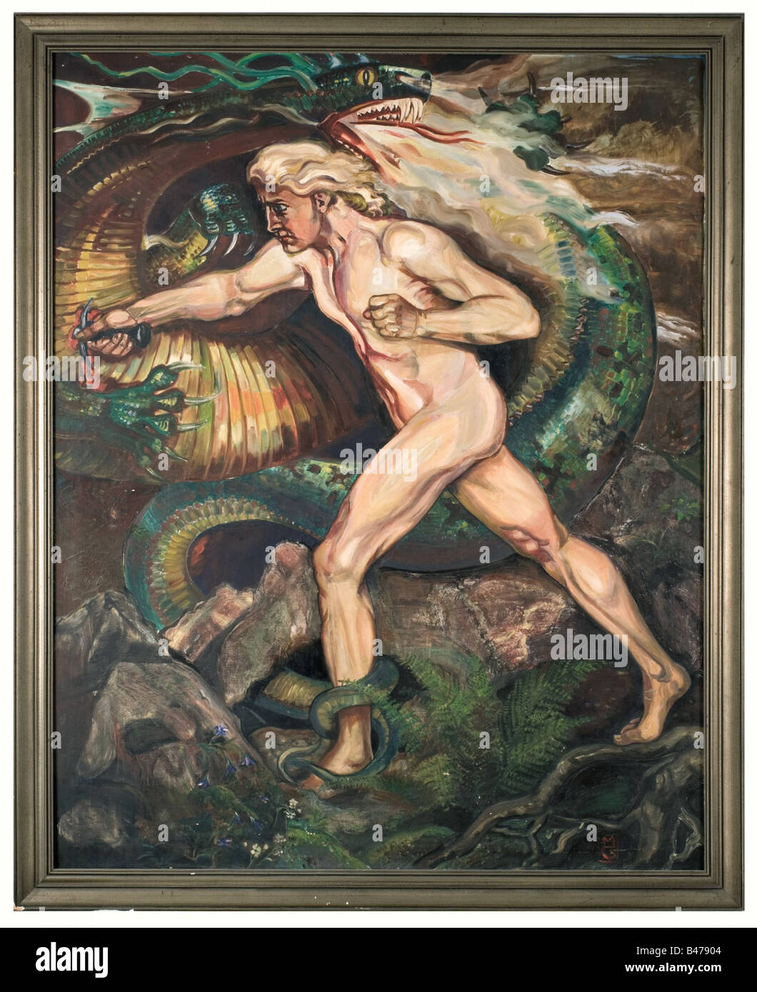 Mathias Guckenhan - Siegfried terrassant le dragon., peinture monumentale. Huile sur toile, sur le côté inférieur droit du monogramme "G". Sur le verso de la toile la note manuscrite "Guckenhan ... Siegfried von Mathias', sur la civière au-dessus le numéro de présentation '1099' en bleu et de l'écriture l'étiquette d'inventaire "Große Deutsche Kunstausstellung 1938 im Haus der Deutschen Kunst zu München - 2107 Einlieferungsbuch - Kiste 1099 - Stoß 120' (Grande Exposition d'Art Allemand 1938 dans la maison de l'art allemand, Munich - livraison livre 2107, Box 109, Additional-Rights Clearance-Info-Not-Available- Banque D'Images