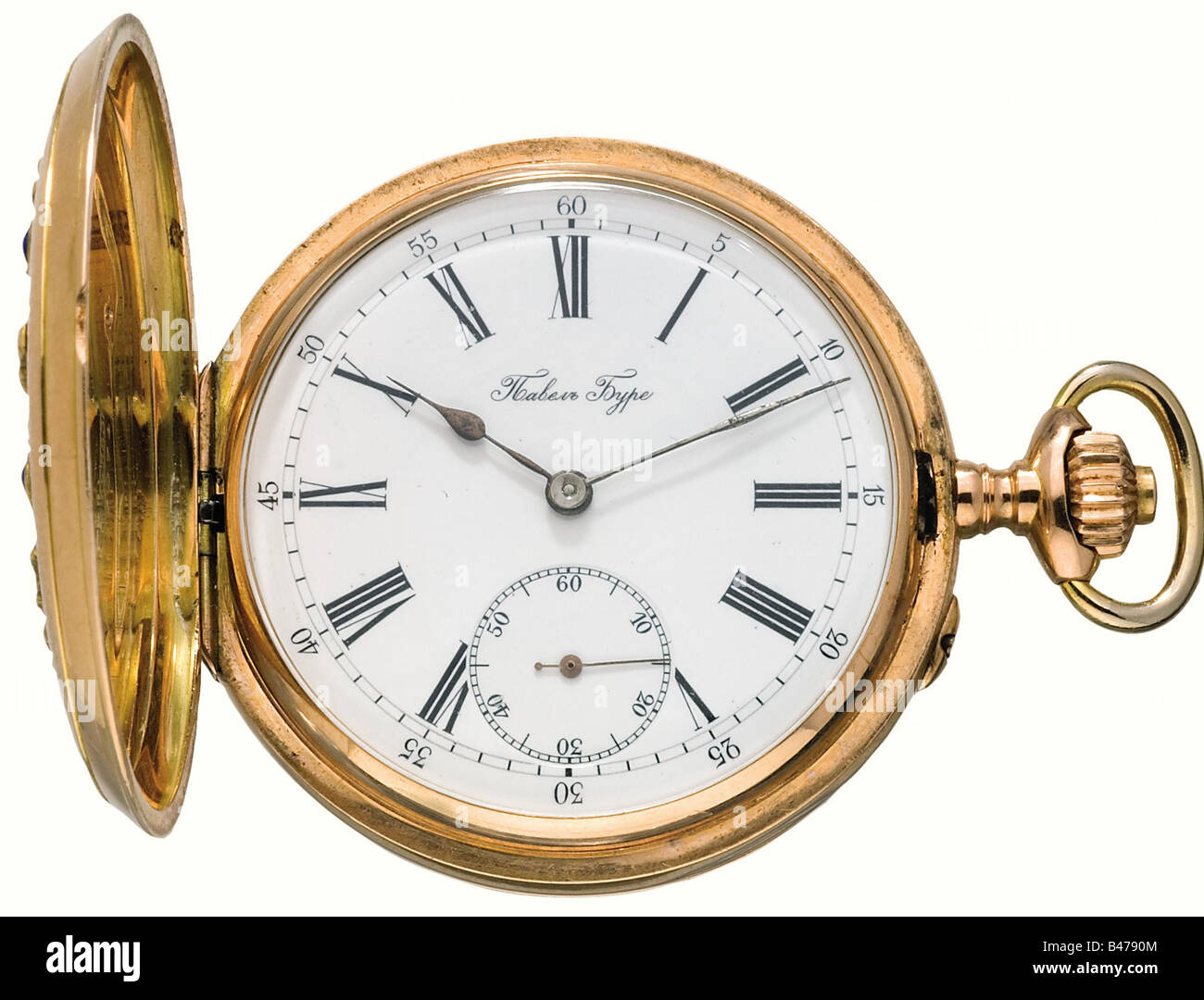 Une montre de poche de présentation dorée, Pavel Bure, court Watch Maker à la Maison Impériale. Le couvercle porte l'aigle à double tête tsariste partiellement émaillé en bleu. Cadran émaillé blanc avec mains bleuées, chiffres romains et arabes noirs et petite seconde main. Mouvement de précision entièrement fonctionnel et orné de bijoux. Gravé sur le cache-poussière avec le numéro de série et les marques suisses '0,583'. Dans un étui en cuir rouge, la marque Makers est dorée sur la doublure en soie, le double aigle sur le couvercle manquant. Historique, historique, XIXe siècle, objet, objets, photos, coupures, coupures, coupures, Banque D'Images