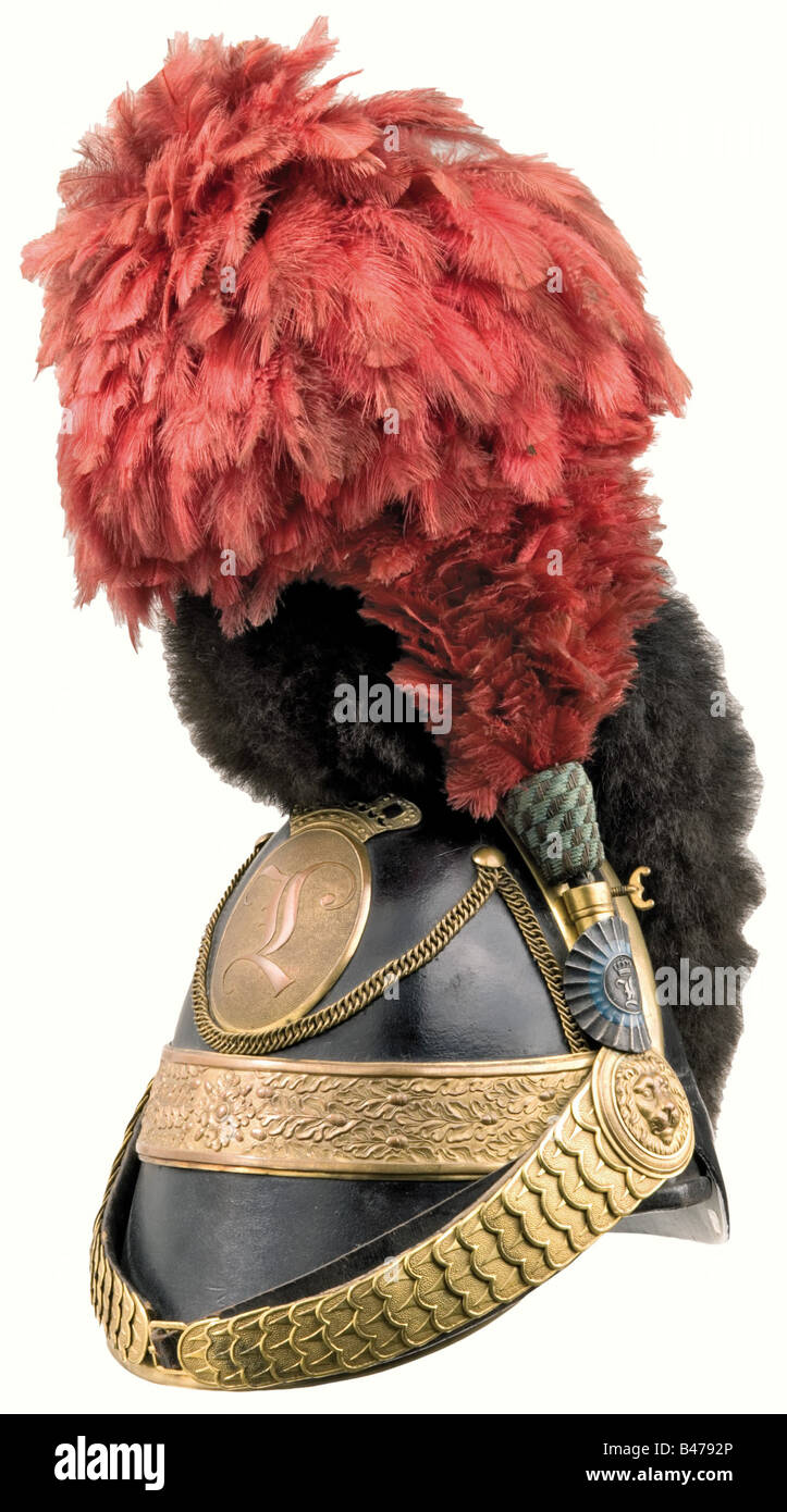 Prince Luitpold - un casque modèle 1832., crâne de cuir laqué noir, fixations tombaques plaquées or, écusson de casque peau d'ours et panache rouge de plumes d'autruche avec sa base tissée en bleu et argent. Doublure peau de mouton. Le crâne a un trou mendé de la cocarde rouge-or-noir ainsi que des trous d'une plaque de chiffrement remplacée. Une des cartes de visite du Prince Alfons est collée à l'intérieur de la visière portant une note manuscrite, 'getragen von S.K.H. dem Prinzregenten Luitpold' (portée par HRH le Prince Regent Luitpold). Le prince Luitpold a débuté sa carrière militaire le 1er avril, Banque D'Images