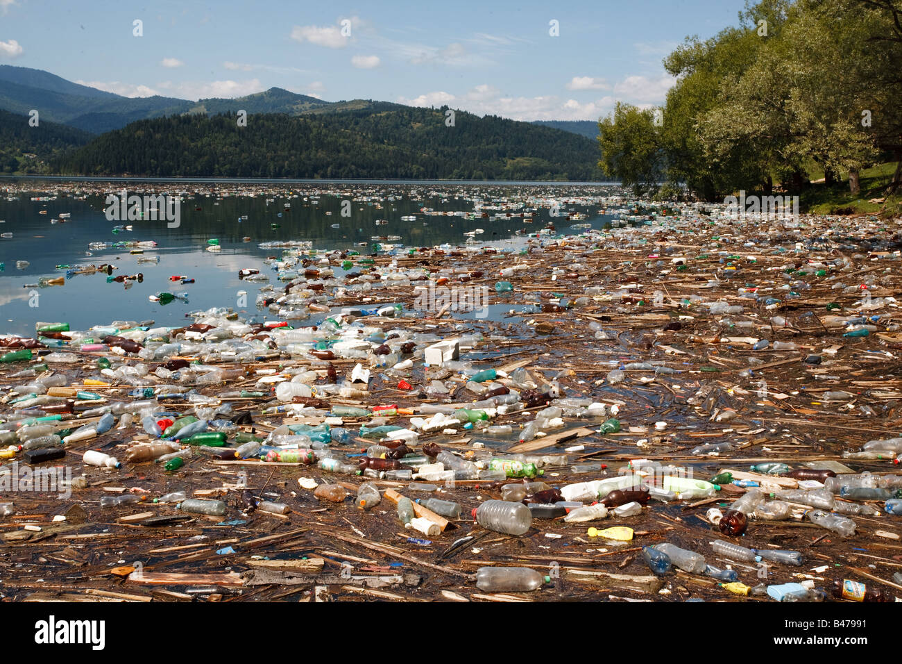 Tonnes de bouteilles en plastique et autres déchets flottant sur un lac magnifique, le lac Bicaz, Roumanie Banque D'Images