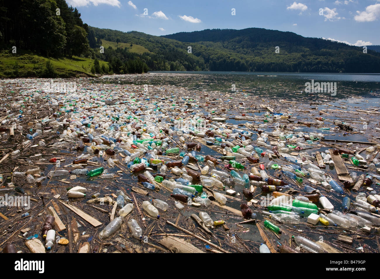 Corbeille en plastique très importante et la pollution sur le lac Bicaz magnifique en Roumanie Banque D'Images