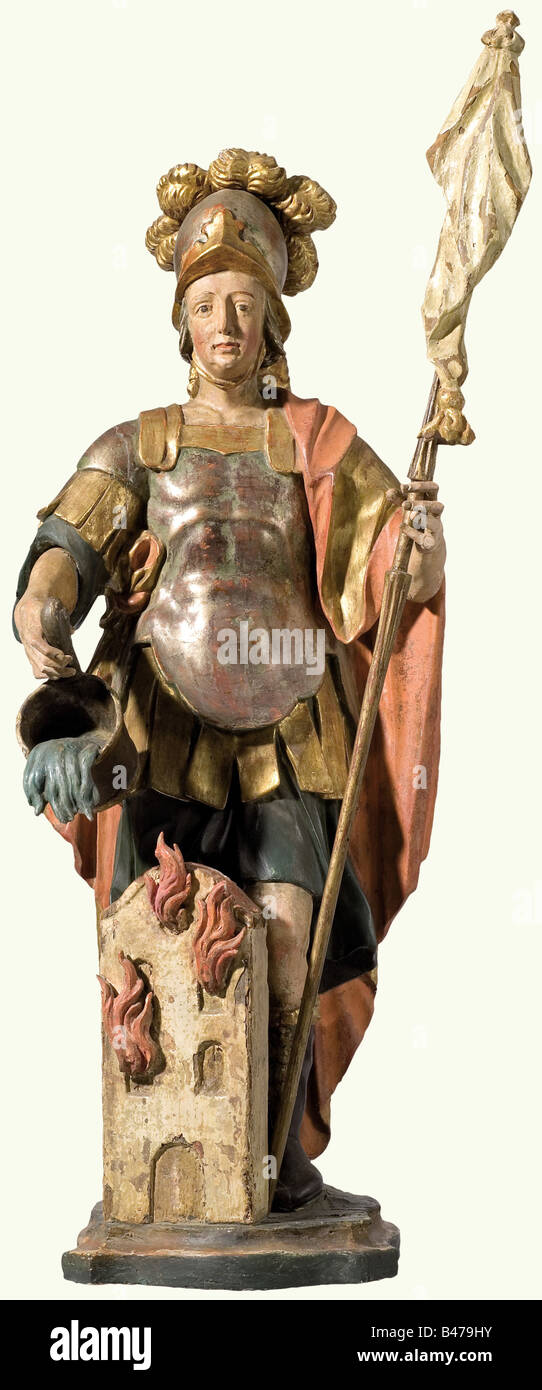 Saint Florian, l'allemand, circa 1730. Trois-quart de la déformation plastique de la sculpture baroque sculpté saint en style ancien armor et Cape, le port d'un casque haute de plumes. Avec sa main droite vidange d'un boisseau d'eau sur une maison en feu, à la gauche une lance avec la bannière. Or, partiellement colorés- et bois plaqué argent. Hauteur 103 cm. Beaux-arts, les gens, 18e siècle, les beaux-arts, l'art, statuette, figurine, figurines, statuettes, sculptures, sculptures, objet, objets, alambics, clipping, coupures, cut out, cut-out, cut-outs, homme, hommes, homme, l'artiste n'a pas d'auteur pour être effacé Banque D'Images