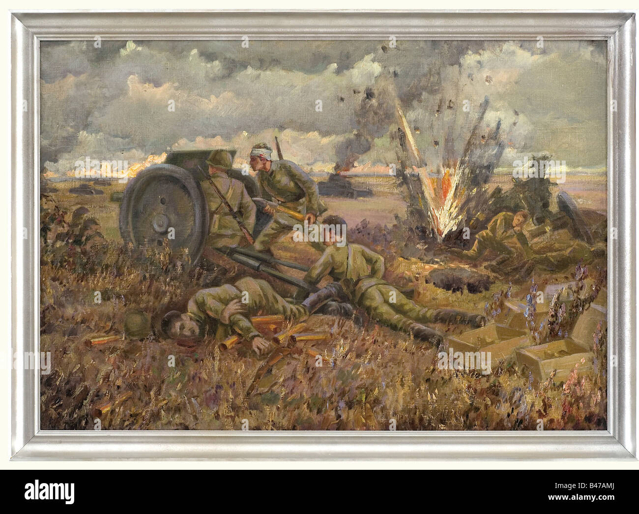 Un canon anti-char russe position dans la Deuxième Guerre mondiale, par un artiste contemporain. Huile sur toile et brancard, non signé et non daté. Un canon anti-char de l'équipage, avec morts et blessés, le chargement de leur pièce. La position voisins touchés par l'un des attaquant les chars allemands. Photo dimensions 73 x 105 cm. Cadre en bois de couleur argent. Dimensions du cadre 84 x 115 cm. Beaux-arts, les gens, les années 1930, 20e siècle, objet, objets, alambics, clipping, coupures, cut out, cut-out, cut-outs, Peinture, peintures, beaux-arts, d'art, illustrations,-Additional-Rights Clearance-Info-Not-Available Banque D'Images