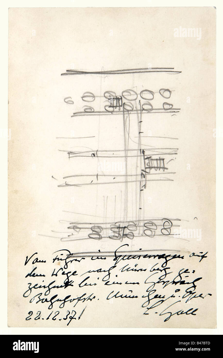 Adolf Hitler - Professeur Leonhard Gall, un portrait et un croquis architectural un portrait du Professeur Leonhard Gall en crayon bleu, signé, 'A. Hitler' avec un croquis architectural sur le dos, inscrit ci-dessous à l'encre, 'Vom Führer im Speisewagen auf dem Weg nach Nürnberg gezeichnet bei einem Gespräch (über die) Bahnhofstr. (In) München n.(ach) Speer - 22.12.37 - L. Gall. (De la Führer dans un restaurant en voiture sur le chemin de Nuremberg, dessiné lors d'une conférence (on) Bahnhofstrasse, (in) Munich (après) Speer - 22 décembre 1937 - L. Gall.) carte 9 x 14 cm. Là , Banque D'Images