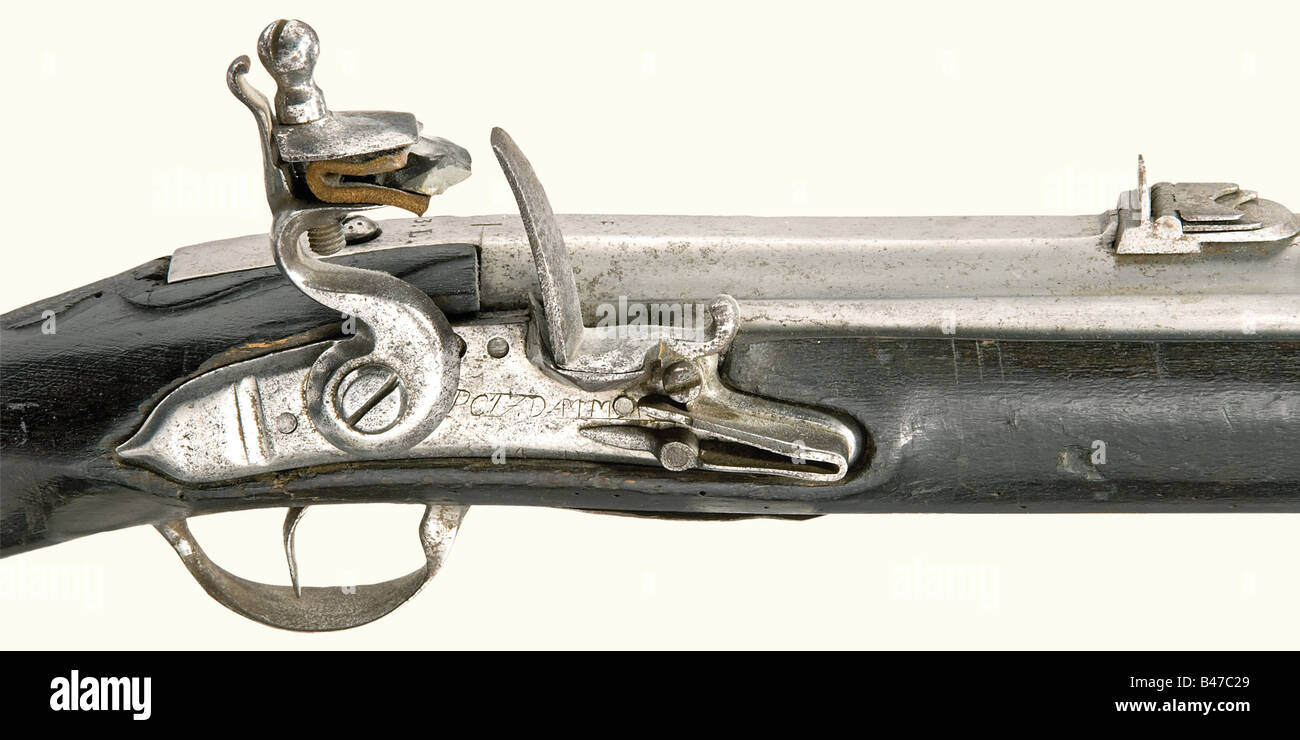 Un pistolet mural, vers 1760. Ancien canon (XVIIe siècle) à alésage lisse en calibre 23 mm. Il y a un ballon de plomb coincé dans le museau à partir de la période pendant laquelle il était utilisé. Un crochet lourd sur le dessous. Vues fixes en queue d'aronde avec deux feuilles pliantes. Un verrou prussien capturé avec l'inscription 'Potzdammagaz.' le bouillon de noyer noir avec des meubles en fer. Tige de rambarde fer, montée légèrement sur un côté. Longueur 161 cm. Un pistolet mural rare assemblé de l'arsenal et capturé des pièces pendant la guerre De Sept Ans. Historique, XVIIIe siècle, portable, arme, armes, armes, Banque D'Images