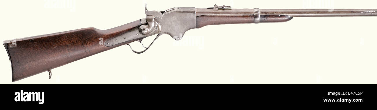 A Spencer modèle 1860 Carbine, calibre 56 - 56 Spencer RF, no 32121. Alésage mat, mais rifling clair. Longueur du fourreau 22'. Insert en nickel argent à vue avant. Bague de selle. Sept prises de vue. Sur le boîtier de boulon marqué 'fencer Repeating-Rifle Co. Boston, Mass. Pat'd 6 mars 1860'. Arme dans une patine gris-brun, mat, restes de couleur de durcissement de cas dans les endroits. Quelques rayures sur le côté droit du museau. Noyer brun foncé avec usure légère et marques de rangement. Une des trois vis manquantes sur l'extension de la protection de déclenchement inférieure, remplaçable. Une carbine de guerre civile dans une très belle ove, Banque D'Images