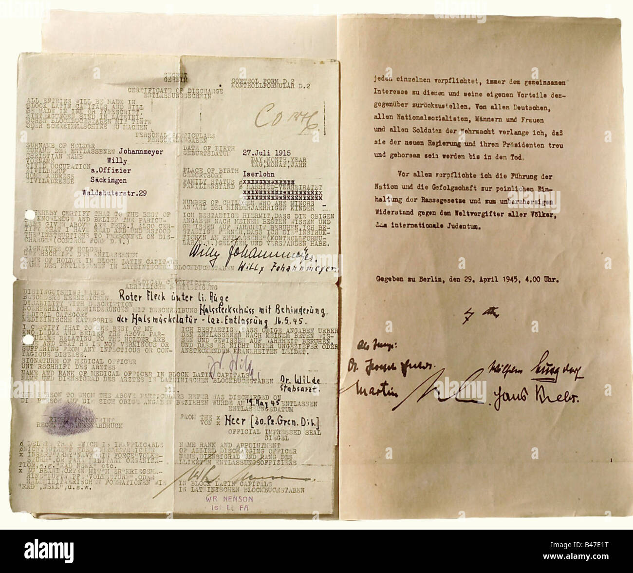 Willy Johannmeyer, vainqueur d'Oakledes - une copie de la dernière volonté politique d'Hitler, Donnée à Berlin, 29 avril 1945, 4:00 am, les Altesses Dr. Joseph Goebbels, Martin Bormann, Wilh historique, historique, années 1930, XXe siècle, armée, armées, forces armées, militaires, militaria, objet, objets, alambics, coupures, coupures, plats, plat, assiette, assiettes, Banque D'Images