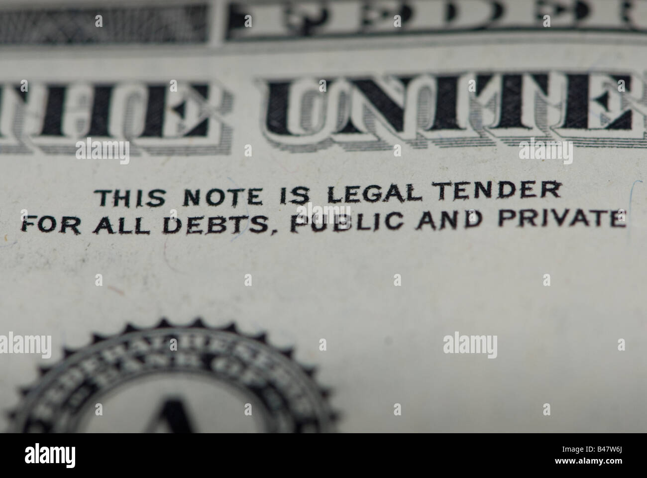 "Cette note a cours légal pour toutes les dettes, publiques et privées" sur un projet de loi d'un dollar américain. Banque D'Images