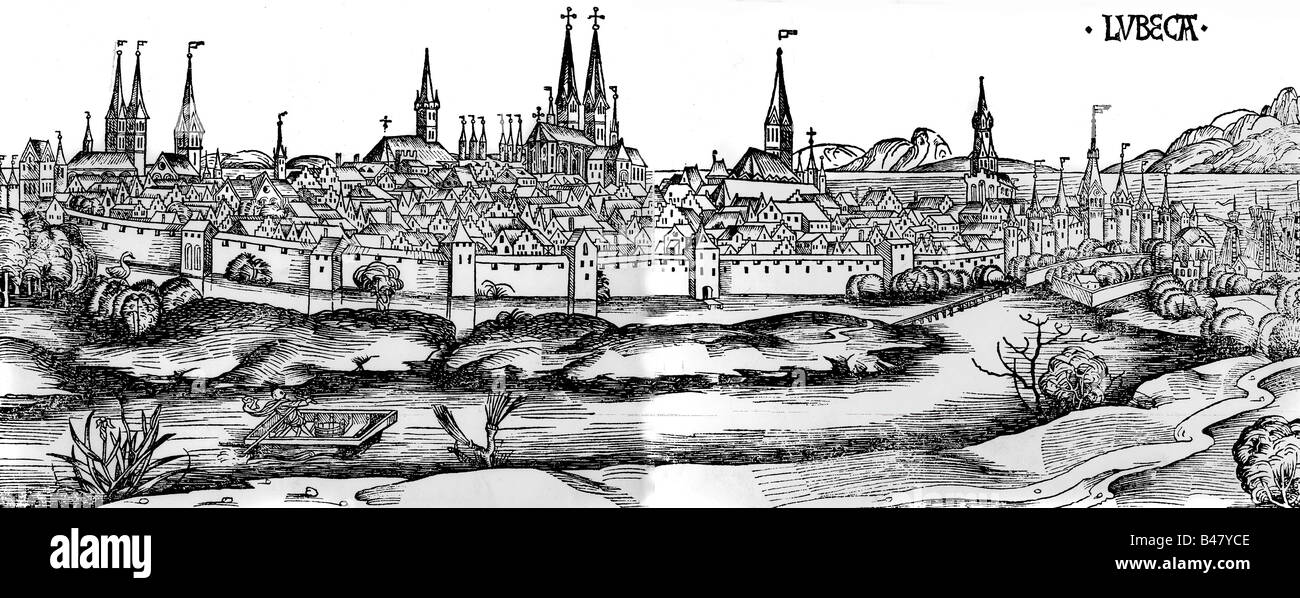 Géographie / voyage, Allemagne, Lübeck, vues sur la ville / paysages urbains, gravure sur bois, par Michael Wohlgemut ou Wilhelm Pleydenwurff, chronicle o Banque D'Images