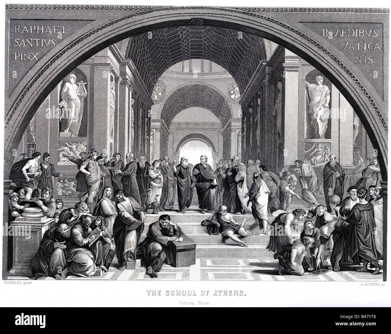 Beaux-arts, Raphaël (1483 - 1520), 'l'école d'Athènes', Rome, 1512, gravure en acier par Albert Henry Payne, XIXe siècle, Banque D'Images