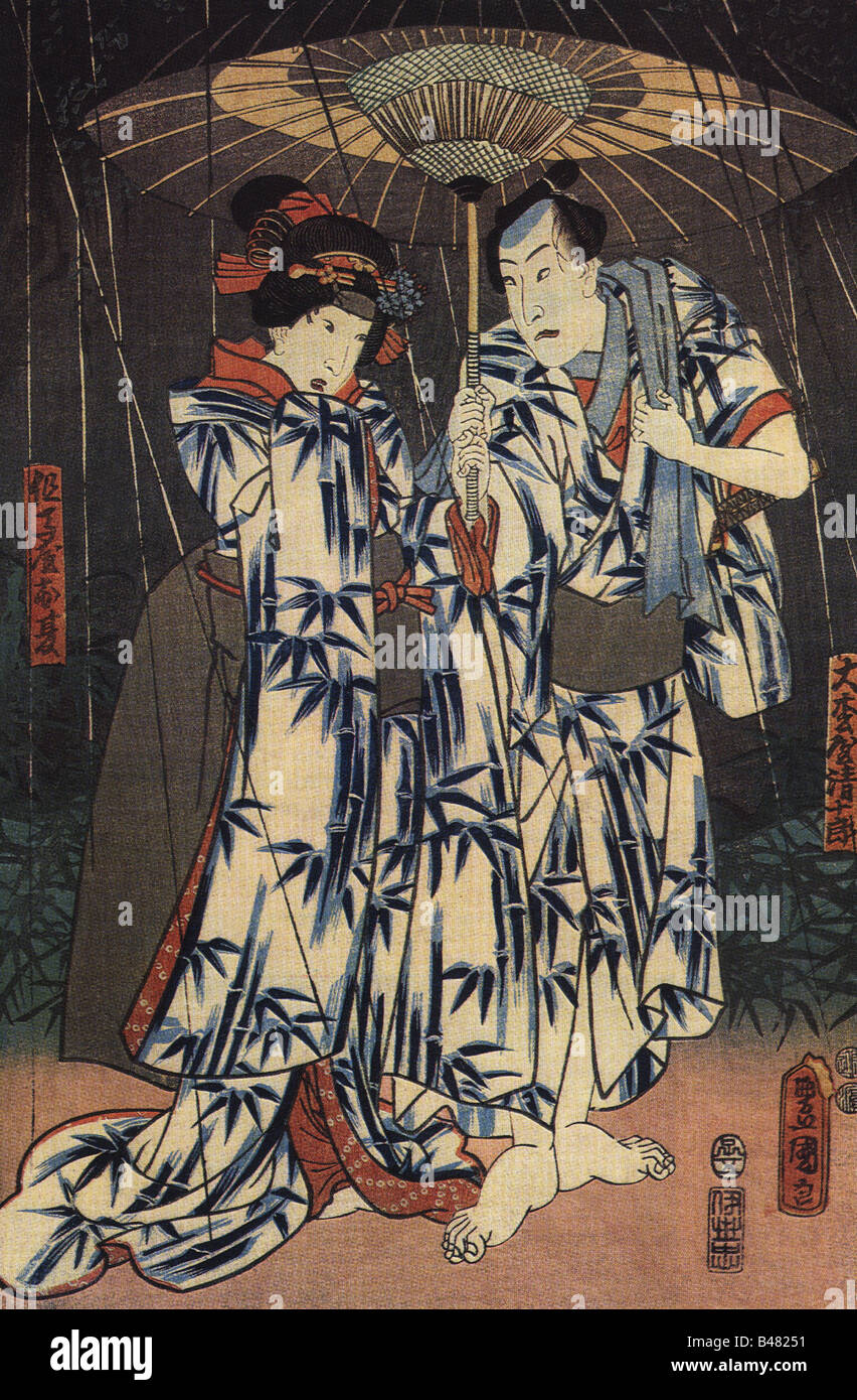 Géographie / voyages, Japon, personnage, couples, couple sous la pluie, boiseries colorées d'Utagawa Kunisada, 1852, Banque D'Images