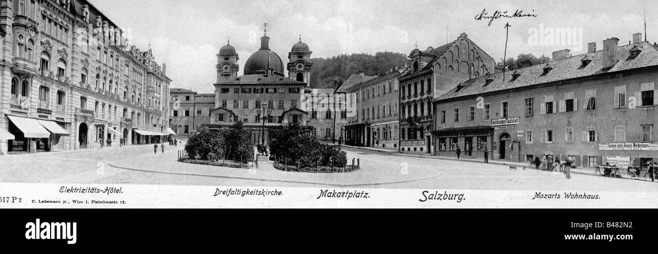 Géographie / voyages, Autriche, Salzbourg, places, place du marché avec Elektizitätshotel, Dreifaltigkeitskirche et maison Mozart, historique, historique, Europe, place, Tanzmeisterhaus, vue extérieure, vue d'ensemble, Hôtel d'électricité, église Trinity, capitale, XXe siècle, Banque D'Images