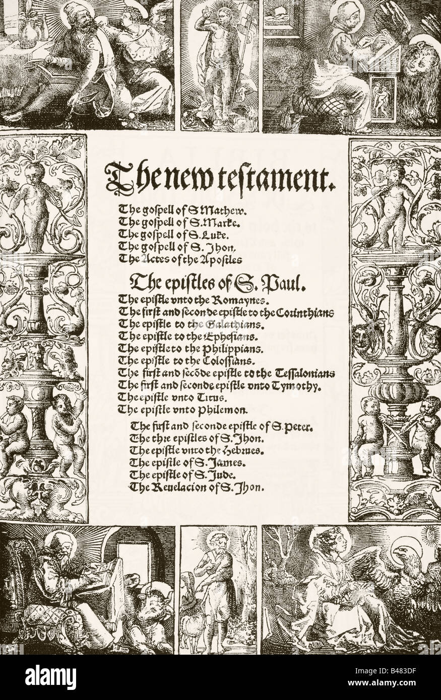 Page de titre du Nouveau Testament de William Tyndale, imprimée en 1530. Banque D'Images