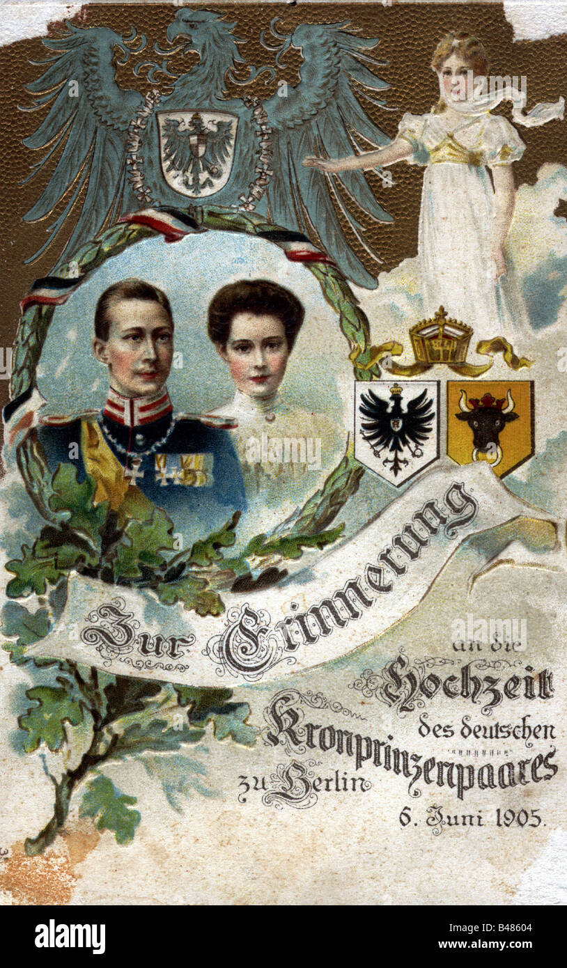 William, 6.5.1882 - 20.7.1951, prince héritier allemand 15.6.1888 - 9.11.1918, avec femme Cecilie, carte postale à leur mariage, Berlin, 6.6.1905, , Banque D'Images