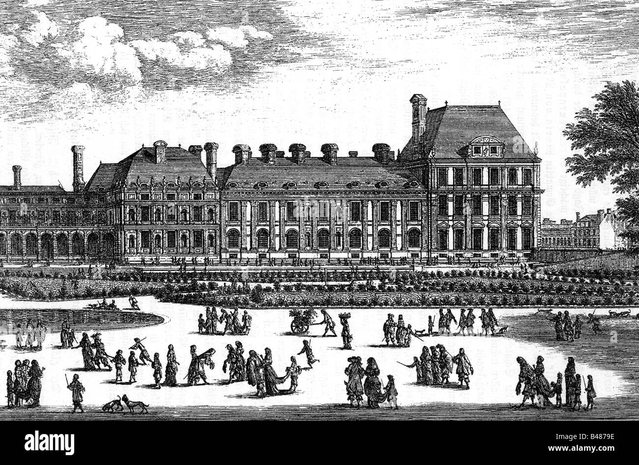 Géographie / voyages, France, Paris, châteaux, Palais des Tuileries, vue extérieure, jardin, après gravure par Israël Silvestre (1621 - 1691), historique, historique, XVIIe siècle, Europe, architecture, Palais des Tuileries, construit À Ph. Delorme et J. Bulant, depuis 1564, pour la reine Catharine di Medici, résidence des rois français, incendiée 1871, jardin, parc, résidence, château, baroque, cour, société, peuple, XIXe siècle, Banque D'Images
