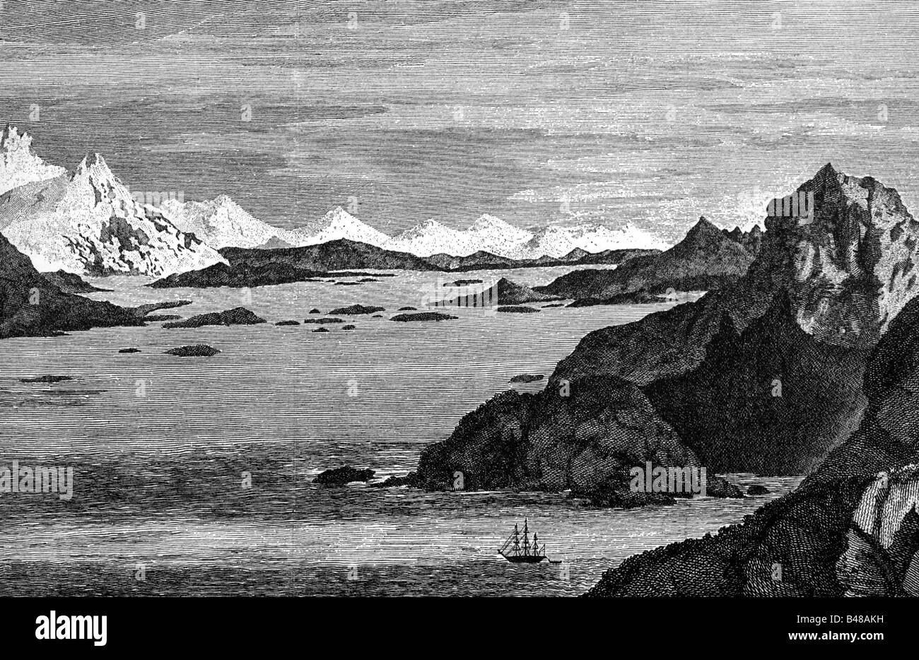 Cook, James, 27.10.1728 - 14.2.1779, marin anglais et découvreur, son navire à Tierra del Fuego, gravure sur cuivre pour son livre de voyage, après avoir tracé par Cook lui-même, 18e siècle, l'artiste n'a pas d'auteur pour être effacé Banque D'Images