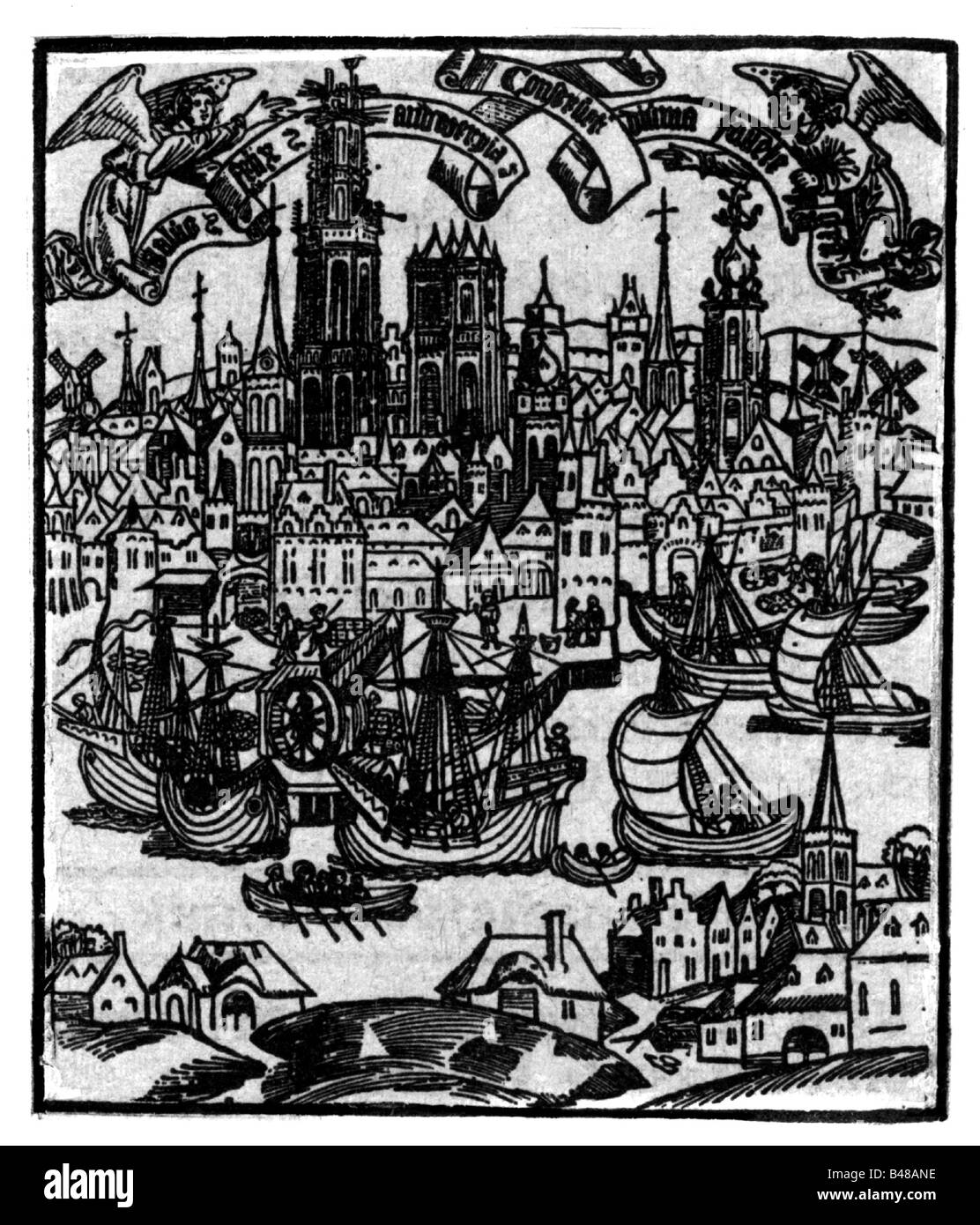 Géographie / voyages, Belgique, Antwerpen, port maritime, bois anonyme, 1515, historique, historique, Europe, XVIe siècle, commerce, commerce, Hanse City depuis 1231, Brabant, Espagnol Pays-Bas, Hanseatic League, port, port, navires, grue, ange, Teutonique Hanse, gens, Banque D'Images